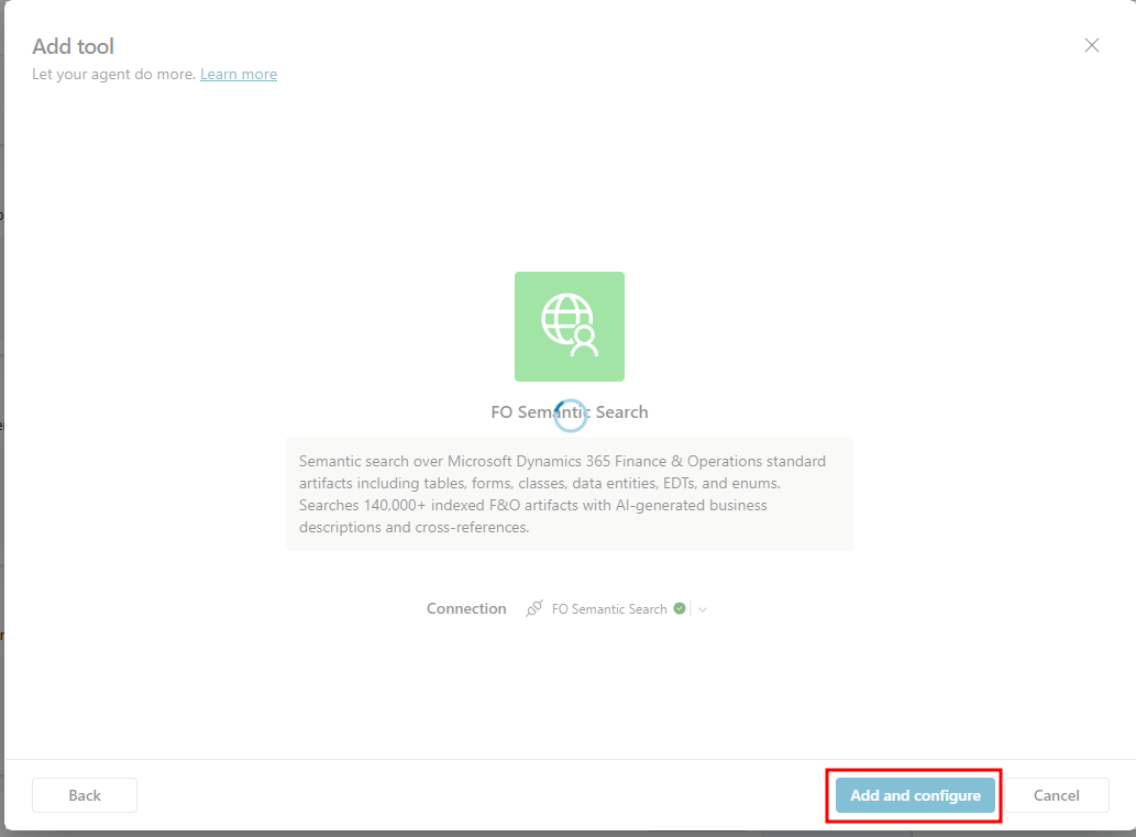 Connection successful, Add and configure button