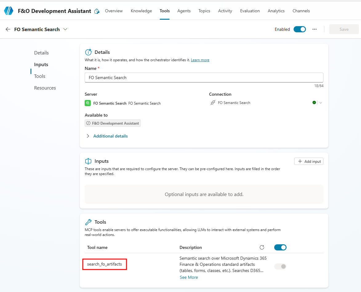 Tool configuration showing search_fo_artifacts discovered