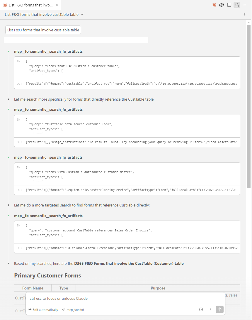 Claude Code using fo-semantic-mcp to search F&O artifacts