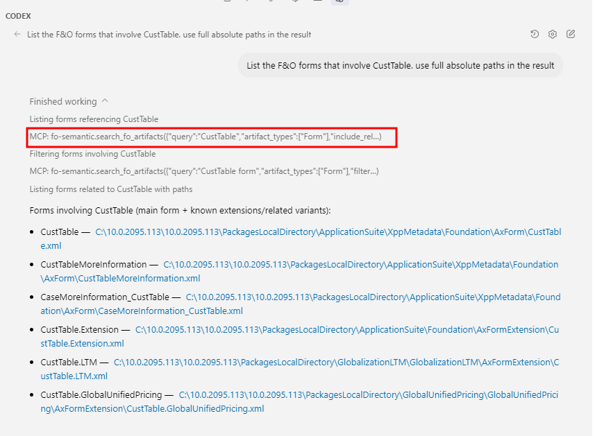 Codex CLI using fo-semantic-mcp to search F&O artifacts