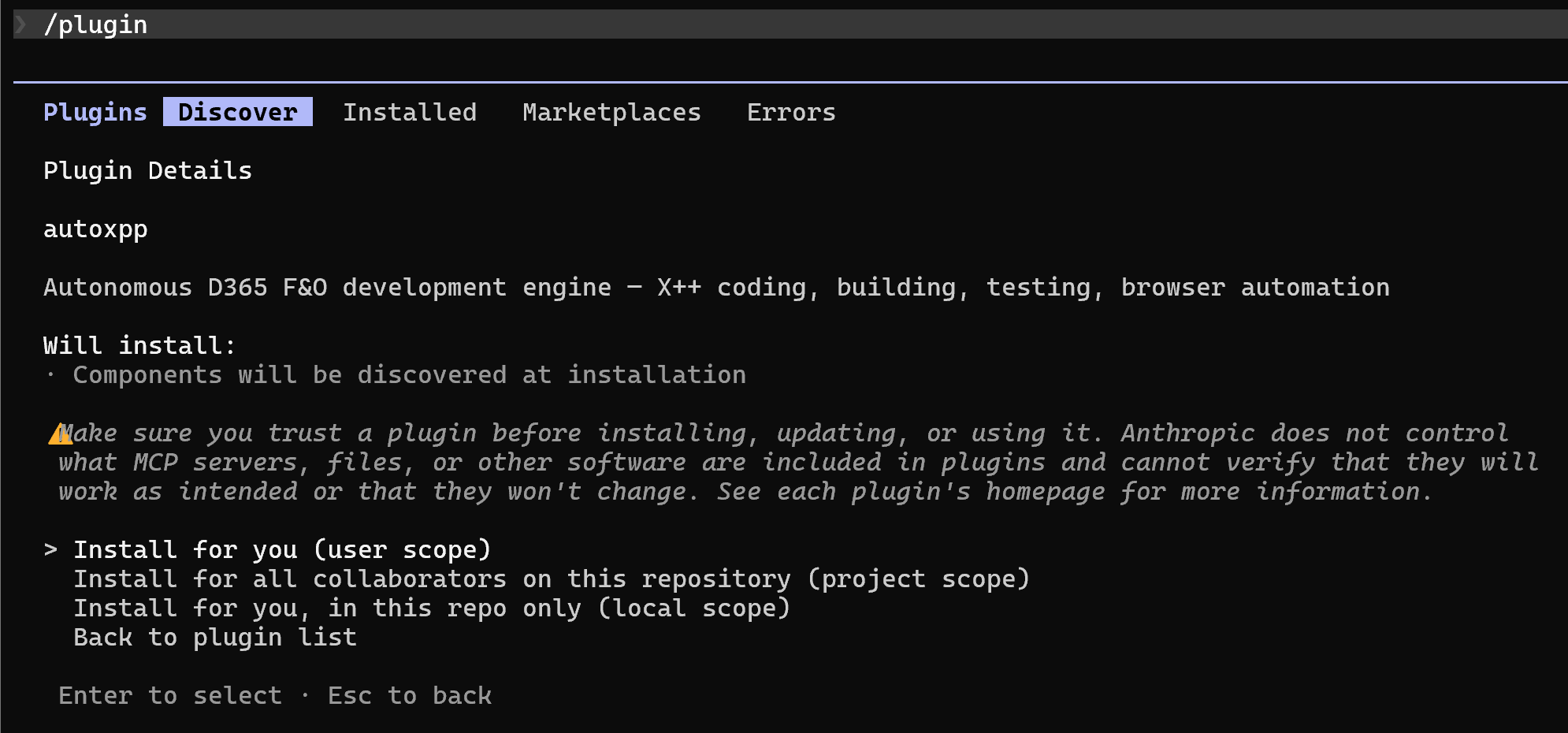 Plugin Details screen showing install scope options