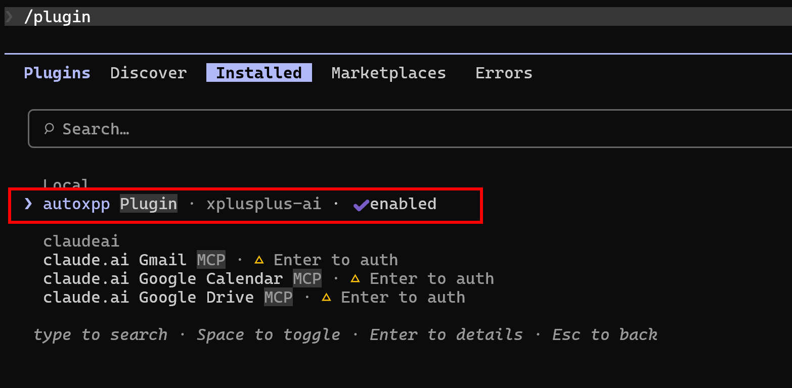 Installed tab showing autoxpp plugin enabled with checkmark