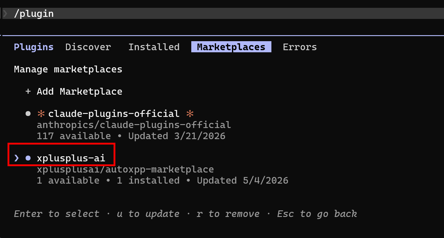 Marketplaces tab with xplusplus-ai marketplace selected