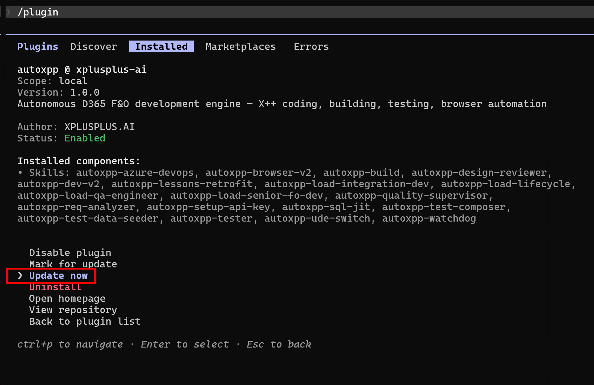 Installed tab showing autoxpp plugin with Update now option highlighted